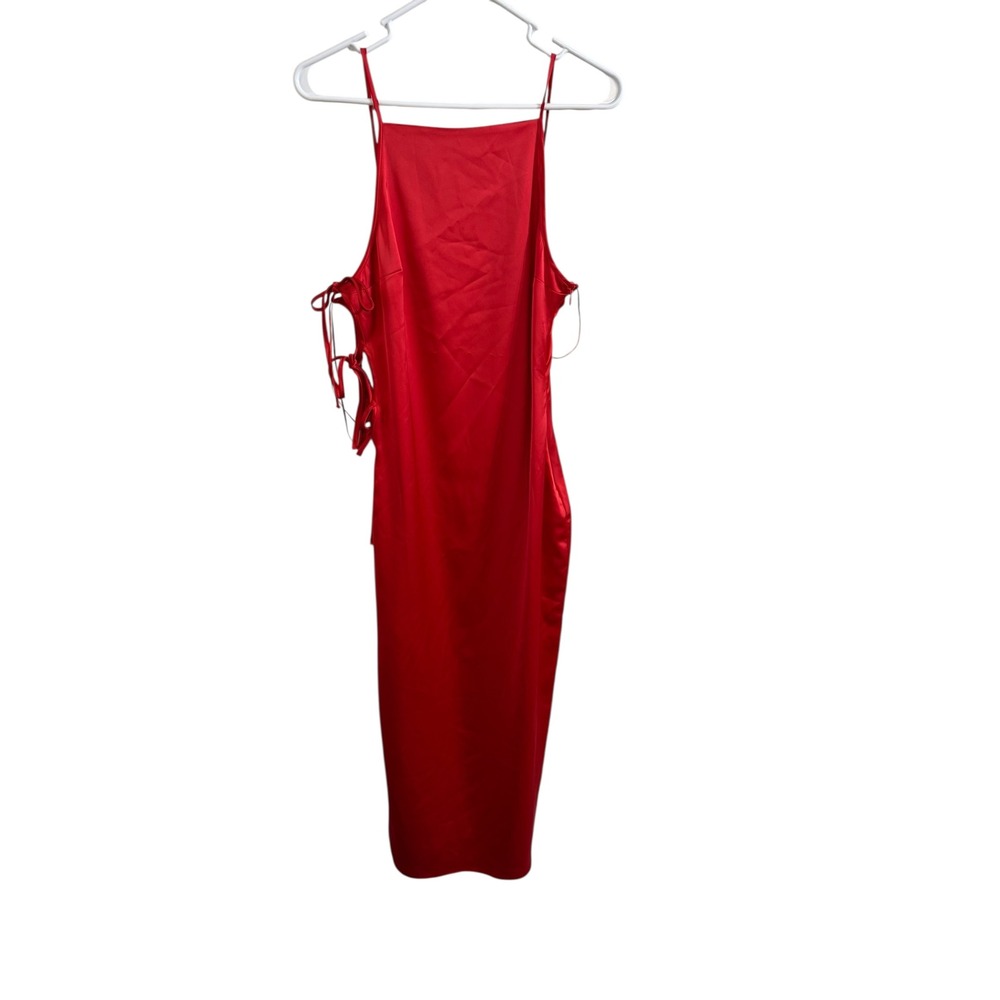 Zara Red Satin Lace Up ❤️Side Cut Out / corset midi Dress High Neck boho summer - Picture 2 of 5